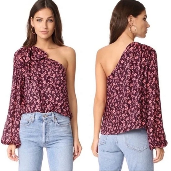 Ulla Johnson Enid Purple One Shoulder Blouse with Bow Cottagecore Prairie Silk - Picture 3 of 11